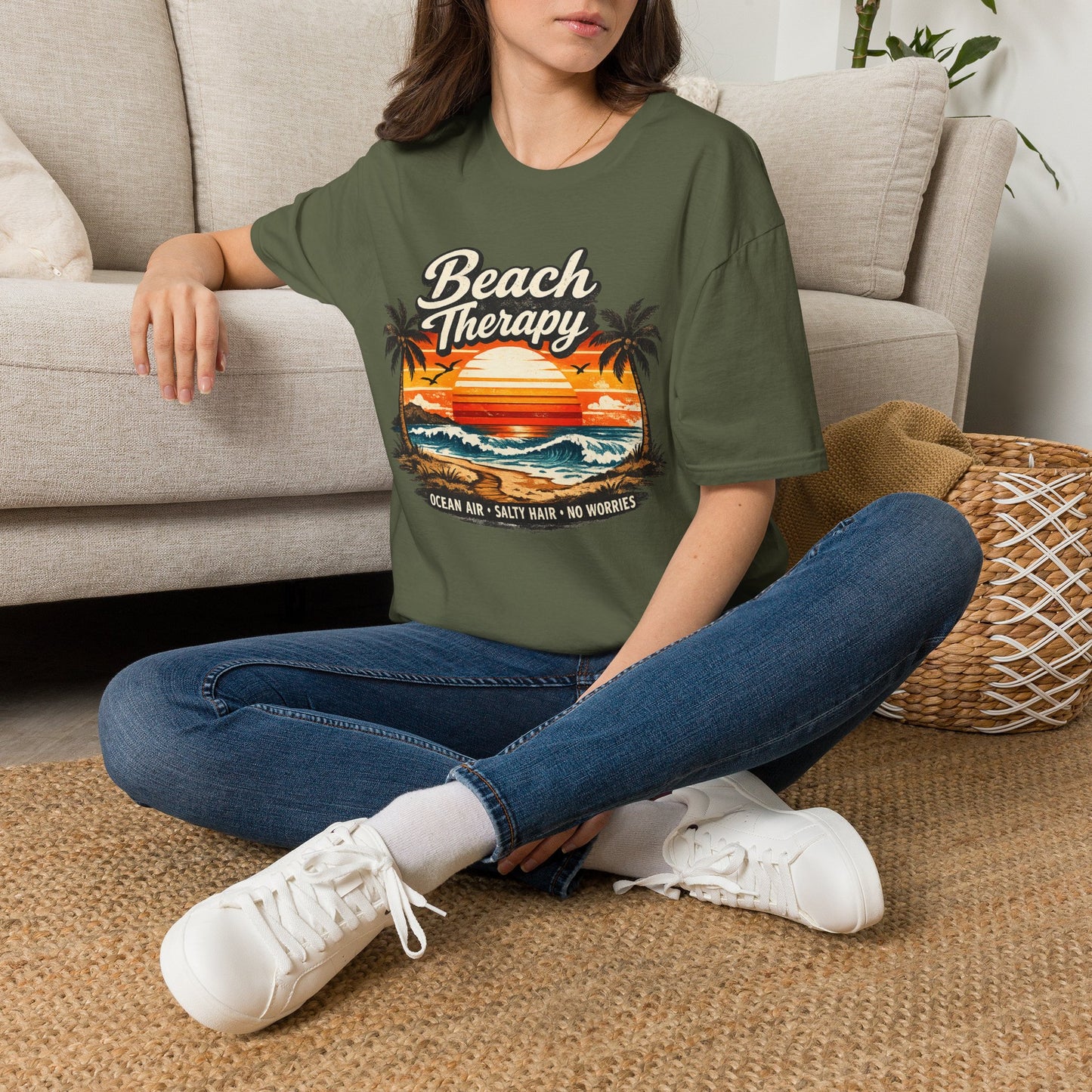 Beach Therapy Vintage Sunset T-Shirt – Ocean Air Salty Hair No Worries Summer Beach Shirt