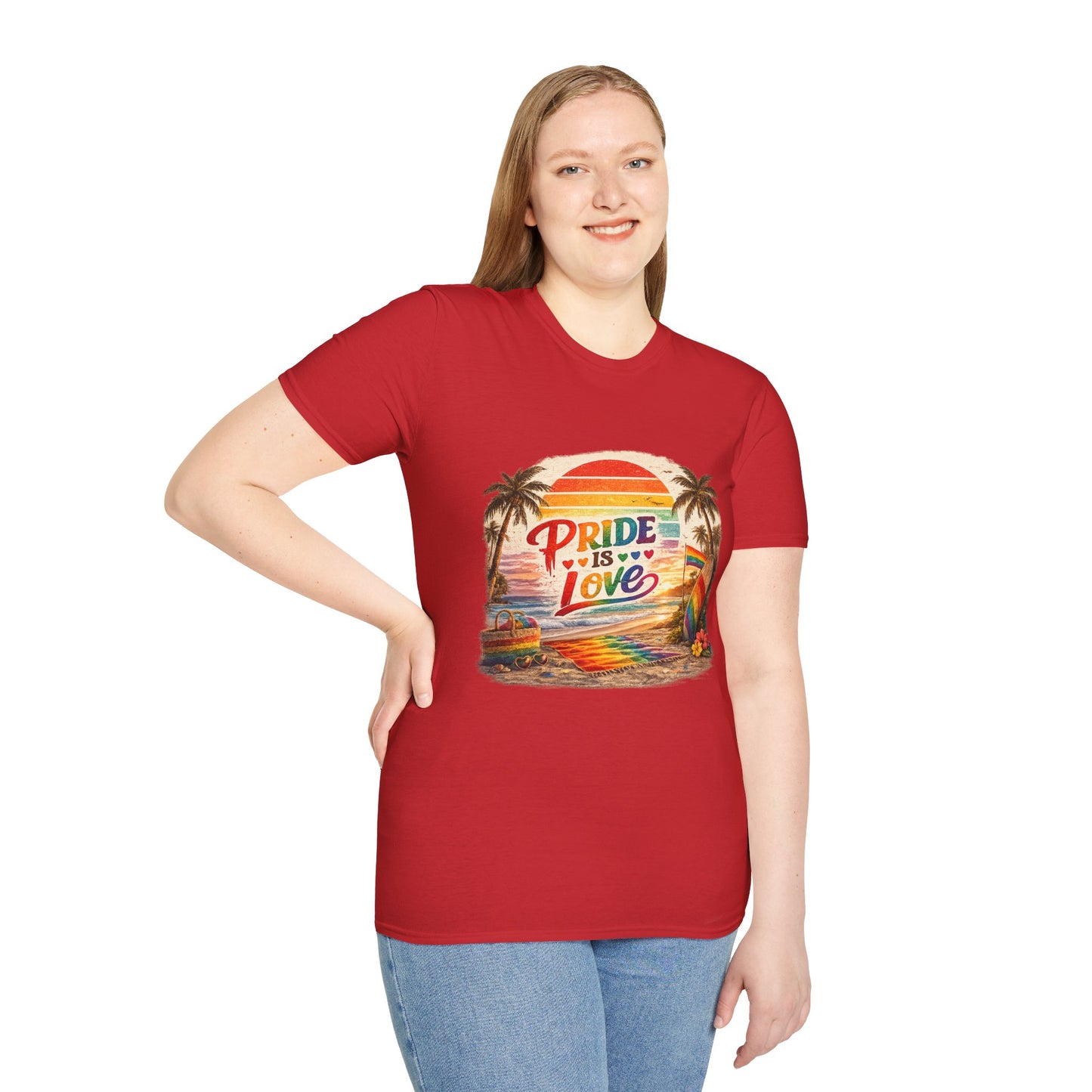 🌈 Pride Is Love Beach Edition T-Shirt | LGBTQ+ Pride Month Retro Sunset Surf Shirt | Rainbow Beach Summer Tee