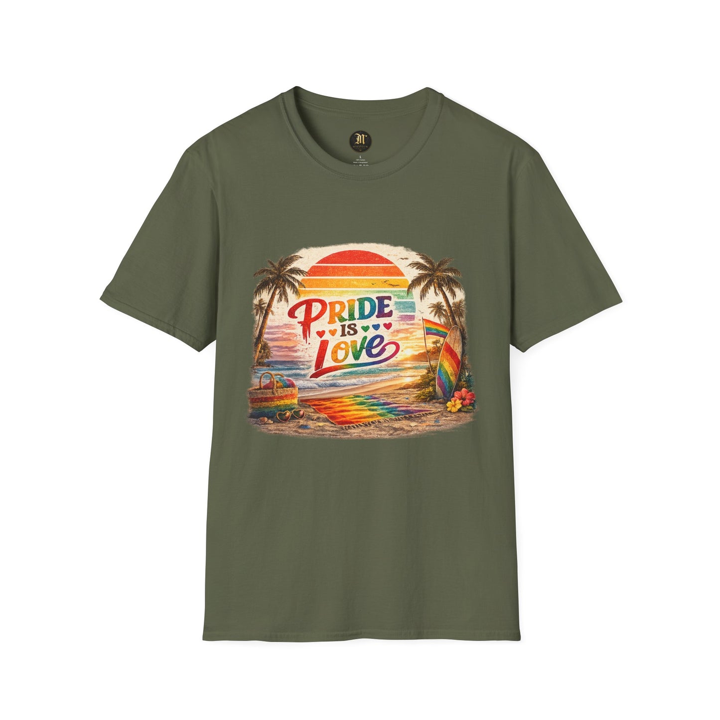 🌈 Pride Is Love Beach Edition T-Shirt | LGBTQ+ Pride Month Retro Sunset Surf Shirt | Rainbow Beach Summer Tee