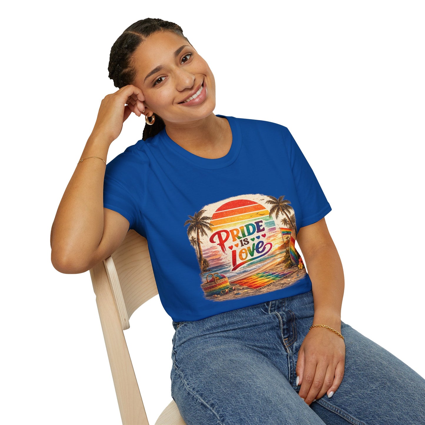 🌈 Pride Is Love Beach Edition T-Shirt | LGBTQ+ Pride Month Retro Sunset Surf Shirt | Rainbow Beach Summer Tee