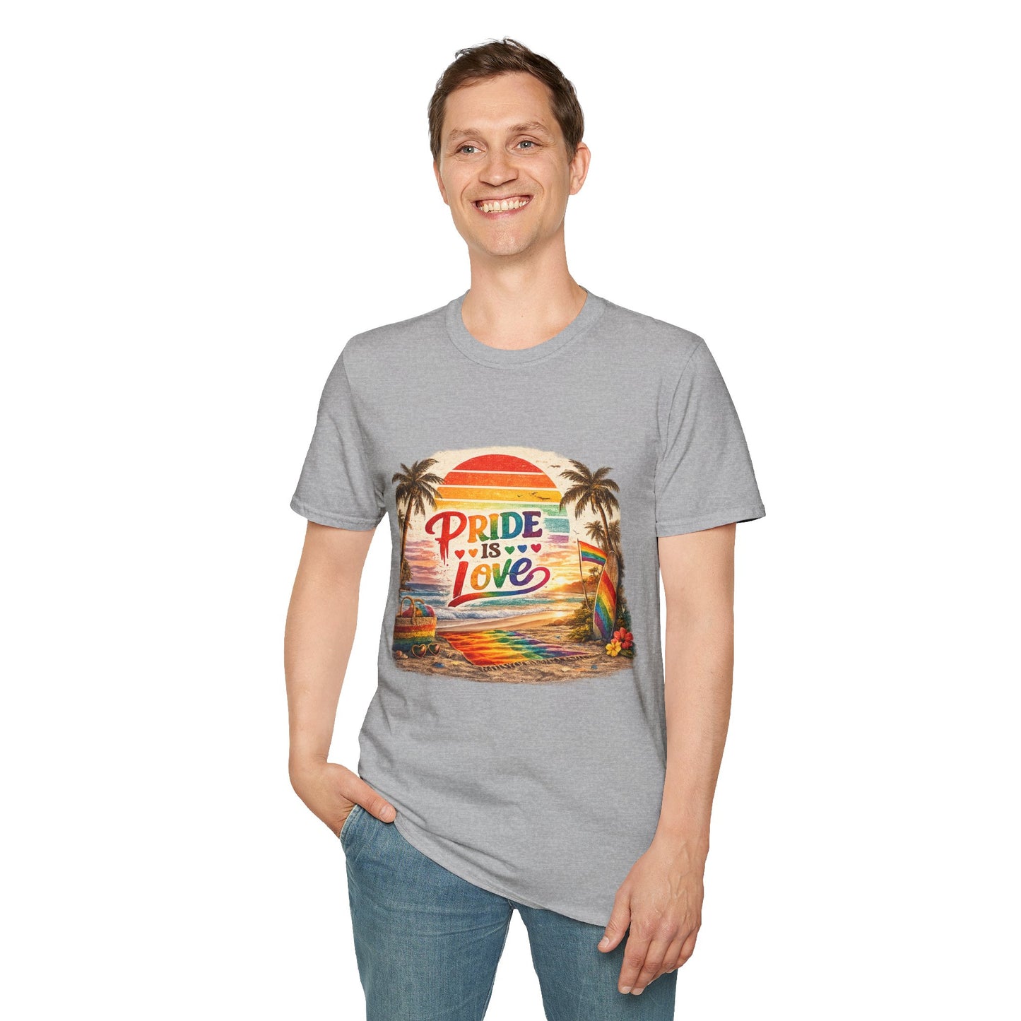 🌈 Pride Is Love Beach Edition T-Shirt | LGBTQ+ Pride Month Retro Sunset Surf Shirt | Rainbow Beach Summer Tee