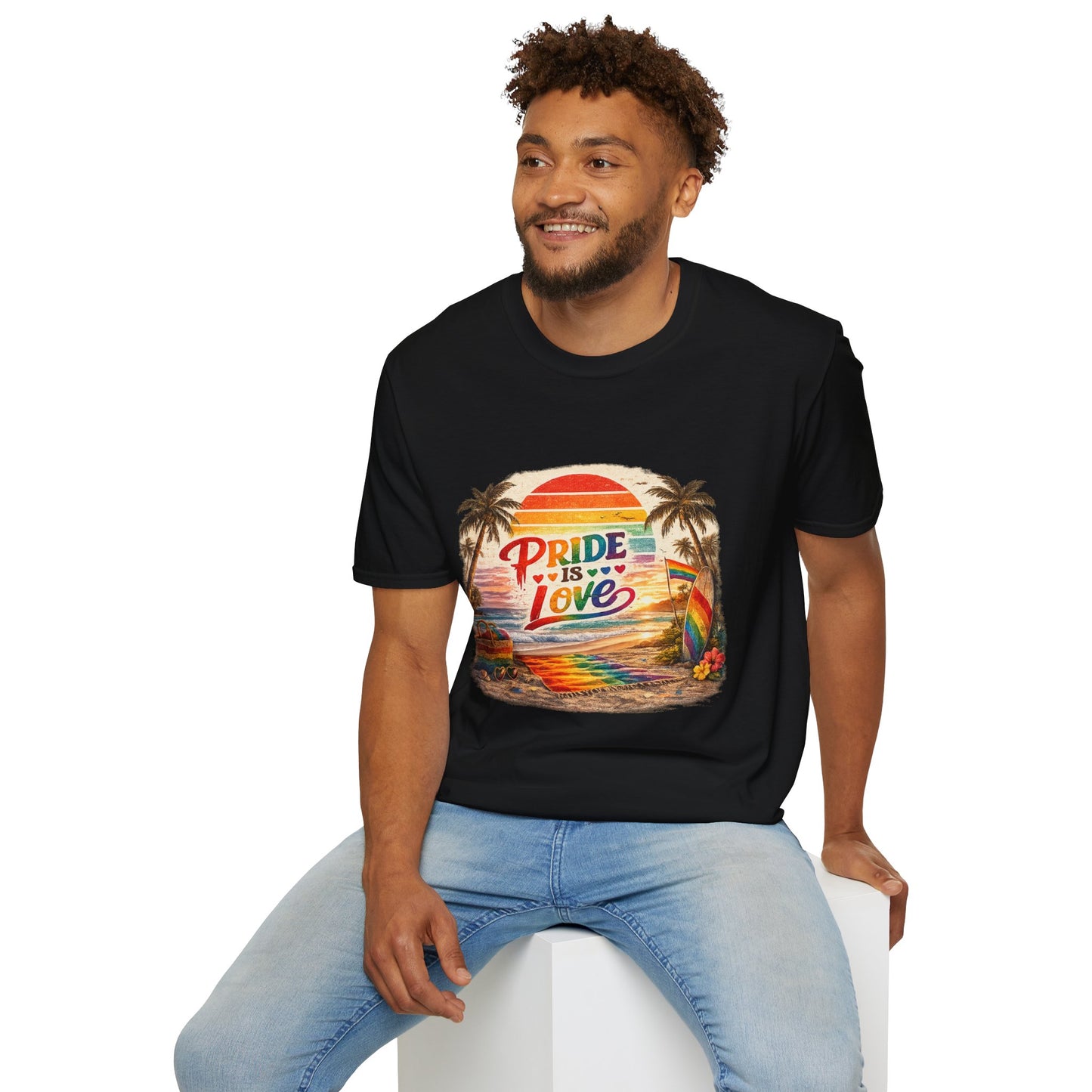 🌈 Pride Is Love Beach Edition T-Shirt | LGBTQ+ Pride Month Retro Sunset Surf Shirt | Rainbow Beach Summer Tee