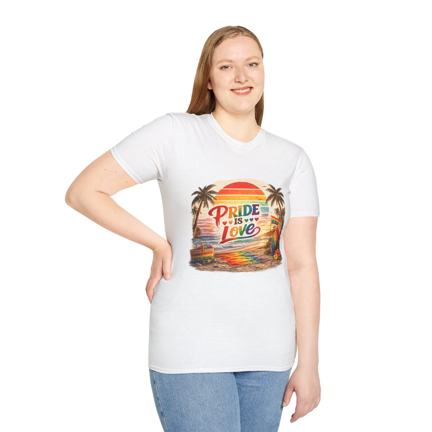 🌈 Pride Is Love Beach Edition T-Shirt | LGBTQ+ Pride Month Retro Sunset Surf Shirt | Rainbow Beach Summer Tee