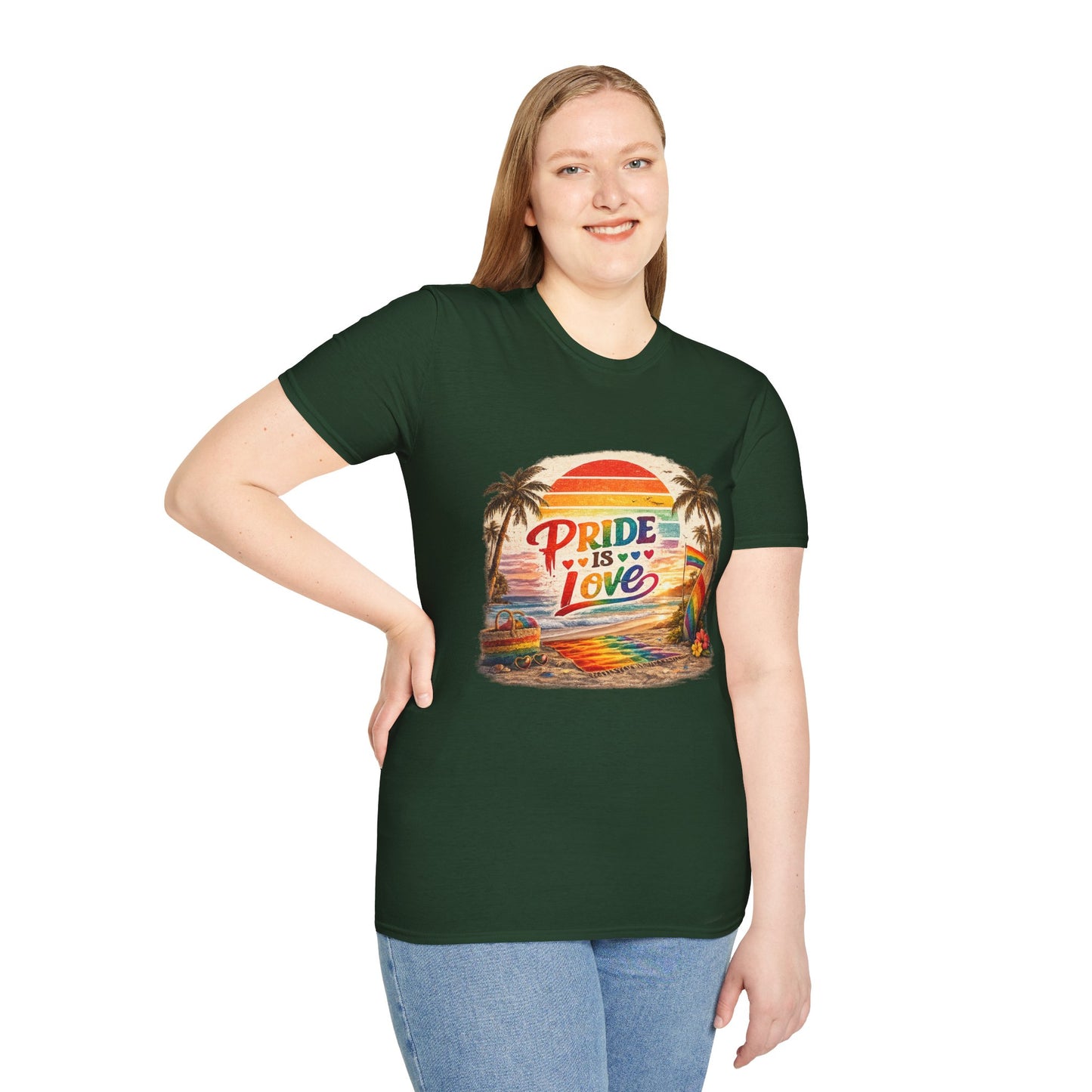 🌈 Pride Is Love Beach Edition T-Shirt | LGBTQ+ Pride Month Retro Sunset Surf Shirt | Rainbow Beach Summer Tee