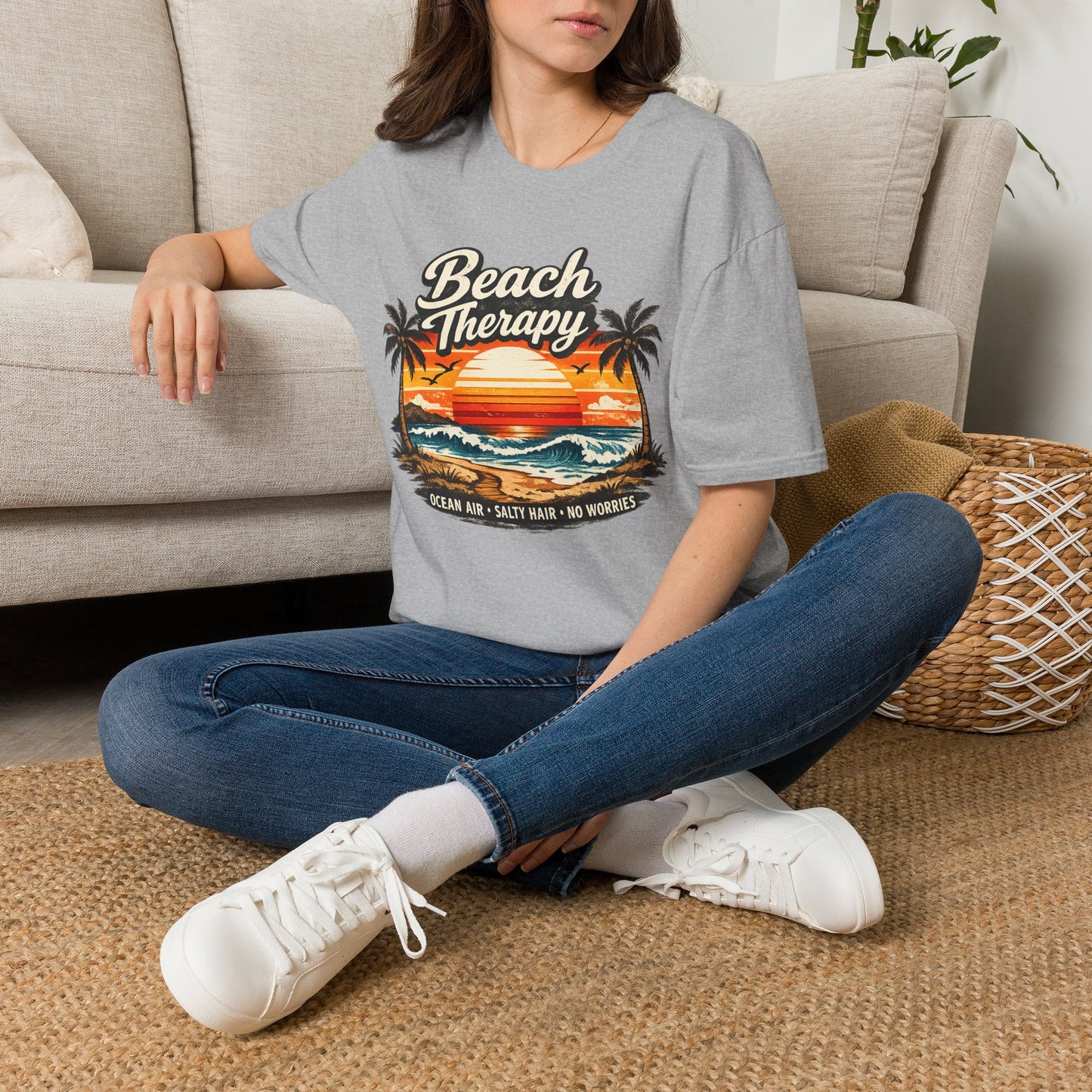 Beach Therapy Vintage Sunset T-Shirt – Ocean Air Salty Hair No Worries Summer Beach Shirt