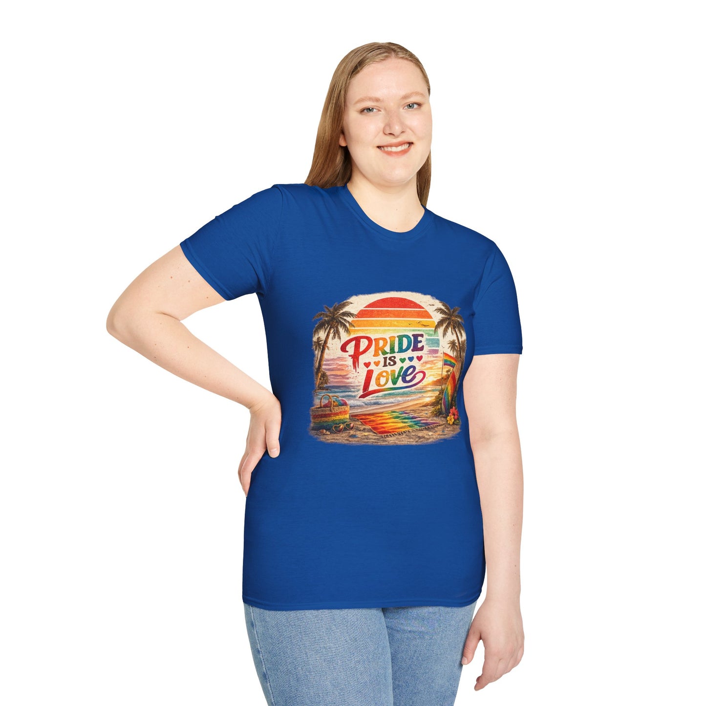 🌈 Pride Is Love Beach Edition T-Shirt | LGBTQ+ Pride Month Retro Sunset Surf Shirt | Rainbow Beach Summer Tee