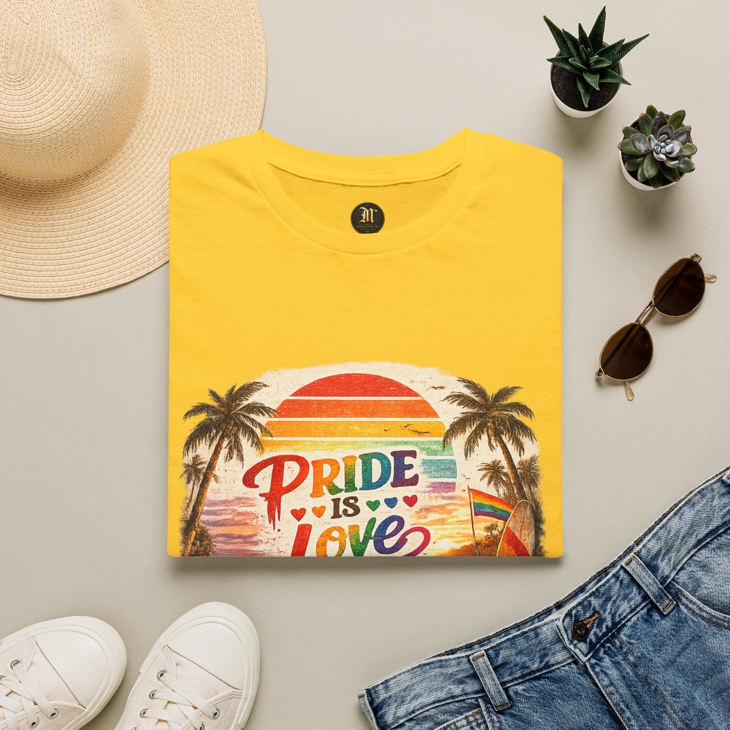 🌈 Pride Is Love Beach Edition T-Shirt | LGBTQ+ Pride Month Retro Sunset Surf Shirt | Rainbow Beach Summer Tee