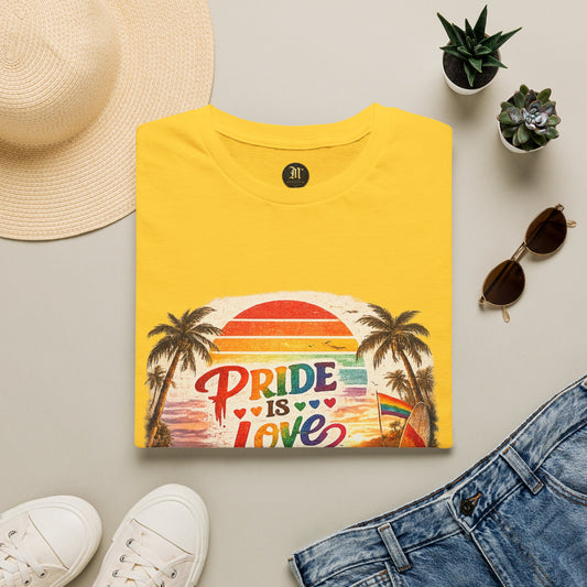 🌈 Pride Is Love Beach Edition T-Shirt | LGBTQ+ Pride Month Retro Sunset Surf Shirt | Rainbow Beach Summer Tee