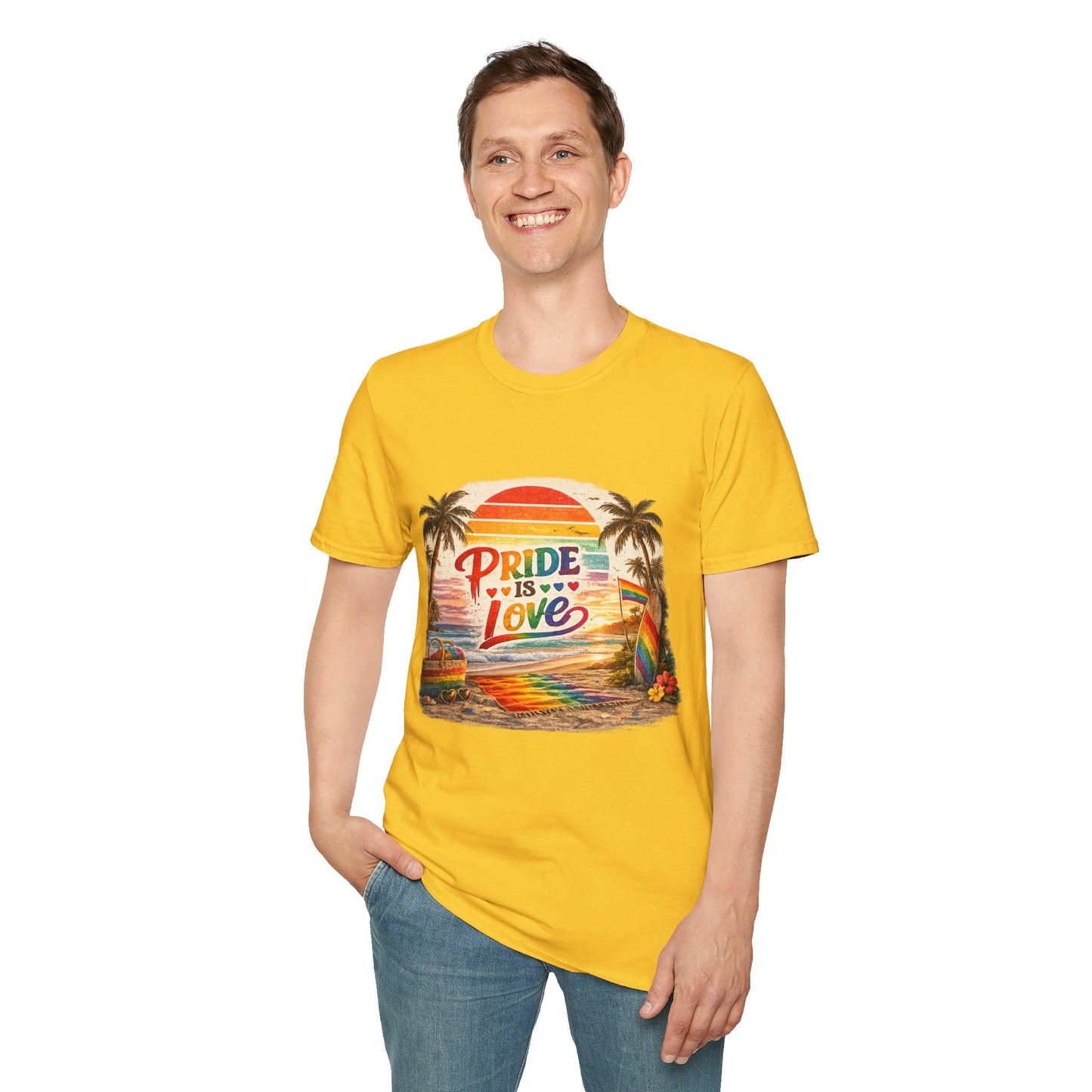 🌈 Pride Is Love Beach Edition T-Shirt | LGBTQ+ Pride Month Retro Sunset Surf Shirt | Rainbow Beach Summer Tee