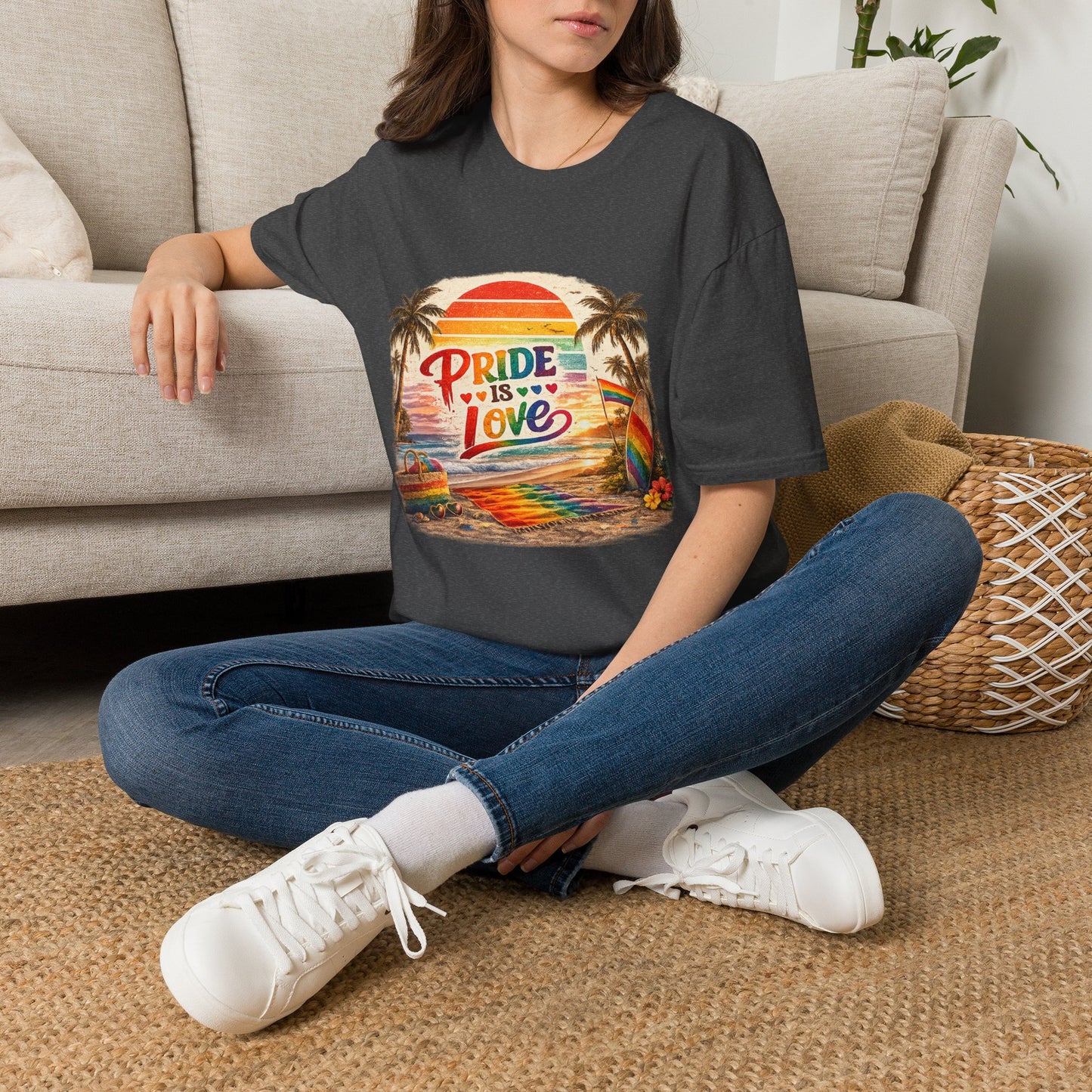 🌈 Pride Is Love Beach Edition T-Shirt | LGBTQ+ Pride Month Retro Sunset Surf Shirt | Rainbow Beach Summer Tee