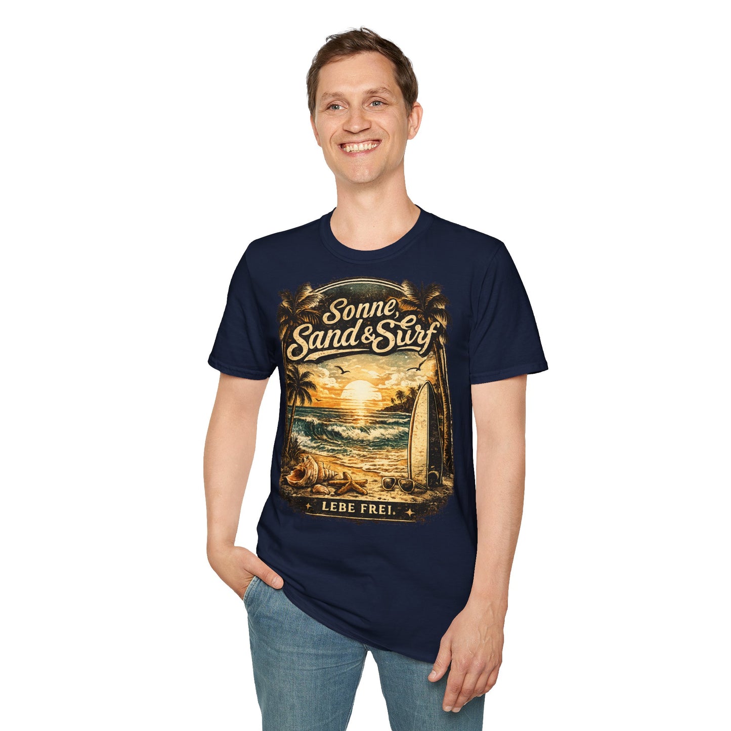 🌴 Sonne, Sand & Surf T-Shirt – Lebe Frei | Vintage Beach Lifestyle Design