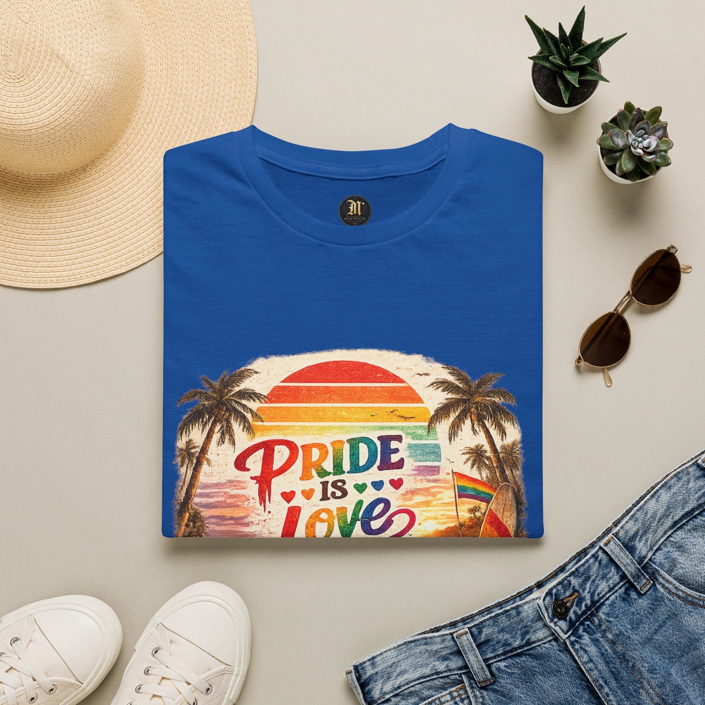 🌈 Pride Is Love Beach Edition T-Shirt | LGBTQ+ Pride Month Retro Sunset Surf Shirt | Rainbow Beach Summer Tee