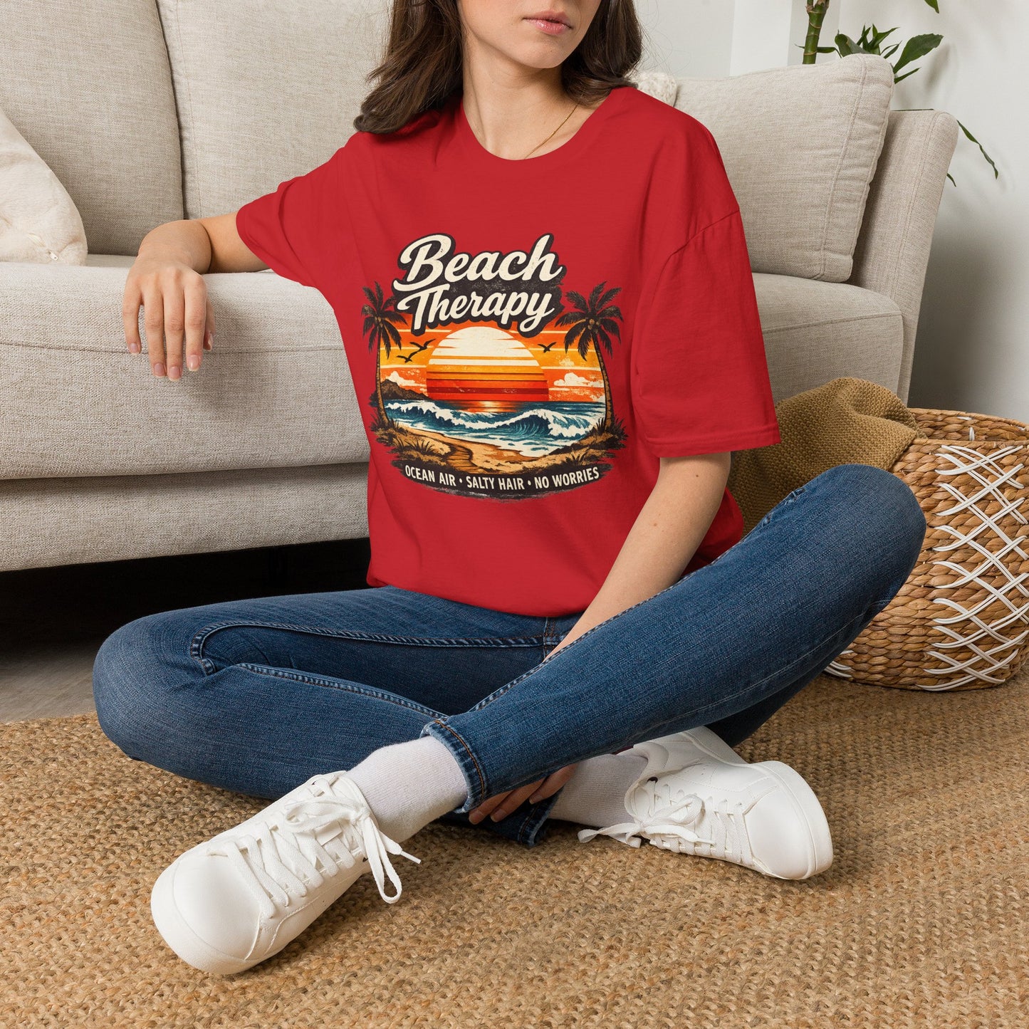Beach Therapy Vintage Sunset T-Shirt – Ocean Air Salty Hair No Worries Summer Beach Shirt