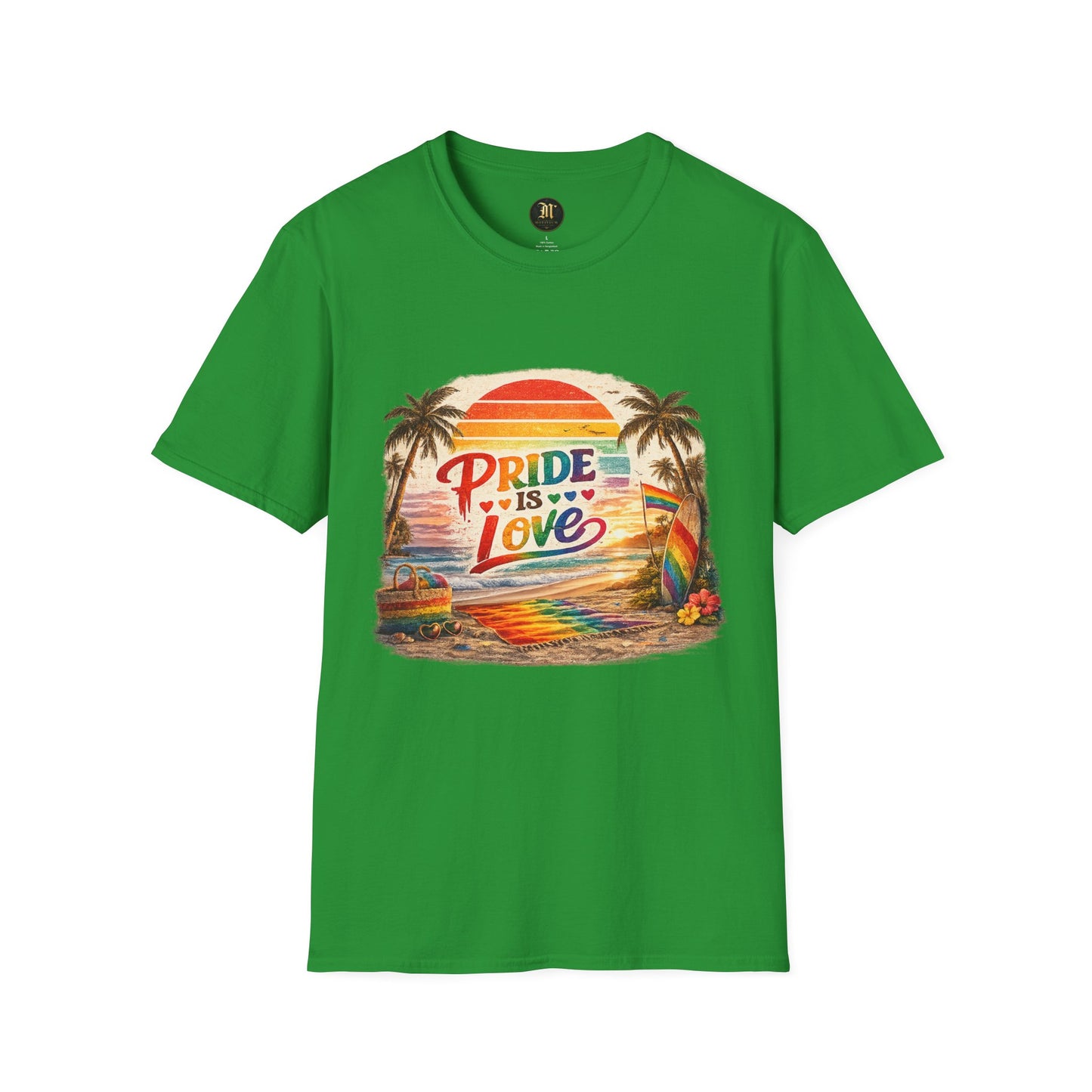🌈 Pride Is Love Beach Edition T-Shirt | LGBTQ+ Pride Month Retro Sunset Surf Shirt | Rainbow Beach Summer Tee