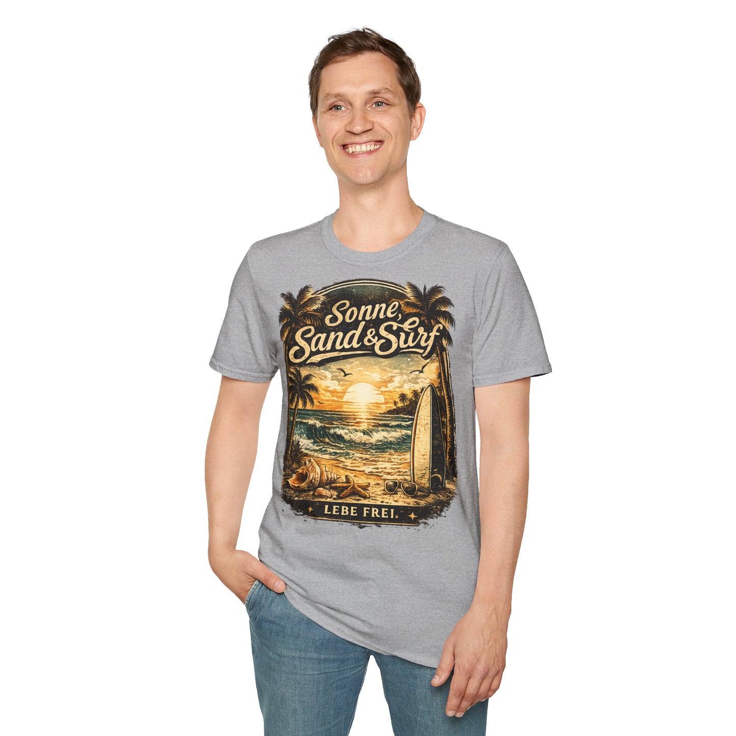 🌴 Sonne, Sand & Surf T-Shirt – Lebe Frei | Vintage Beach Lifestyle Design