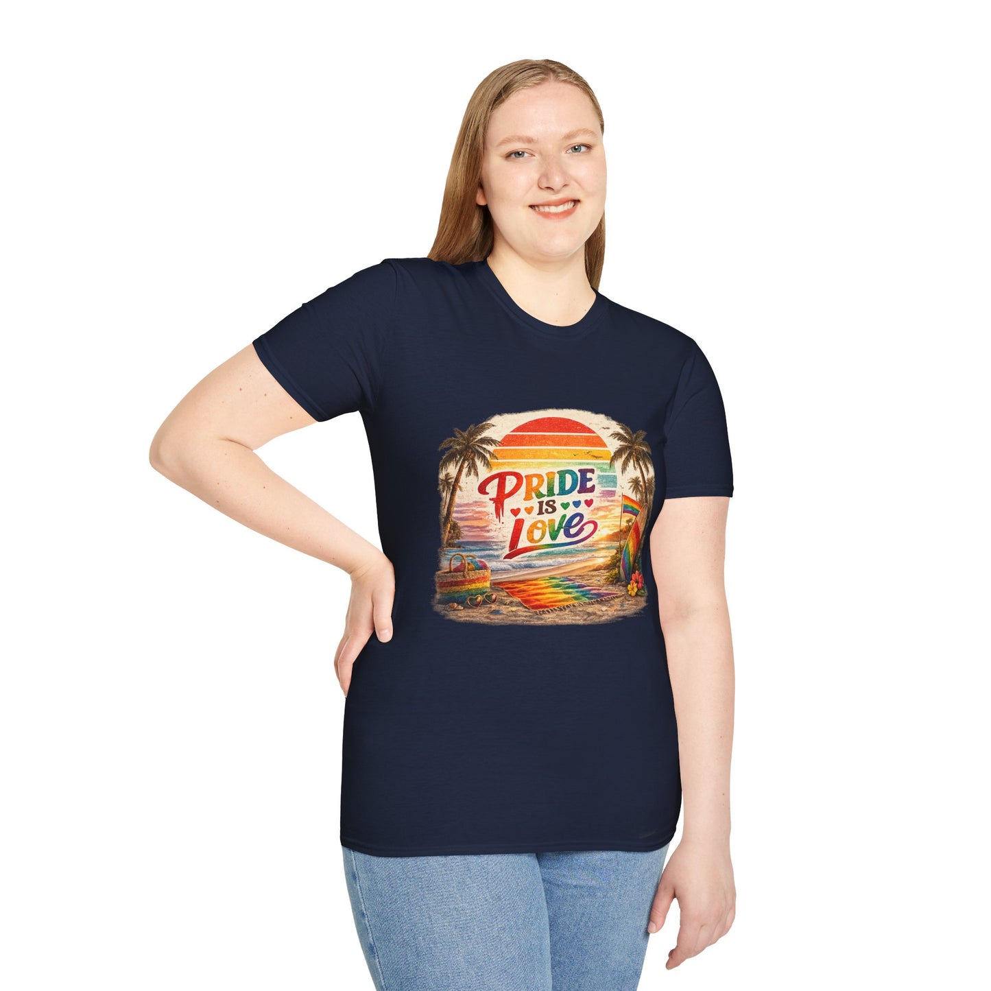 🌈 Pride Is Love Beach Edition T-Shirt | LGBTQ+ Pride Month Retro Sunset Surf Shirt | Rainbow Beach Summer Tee