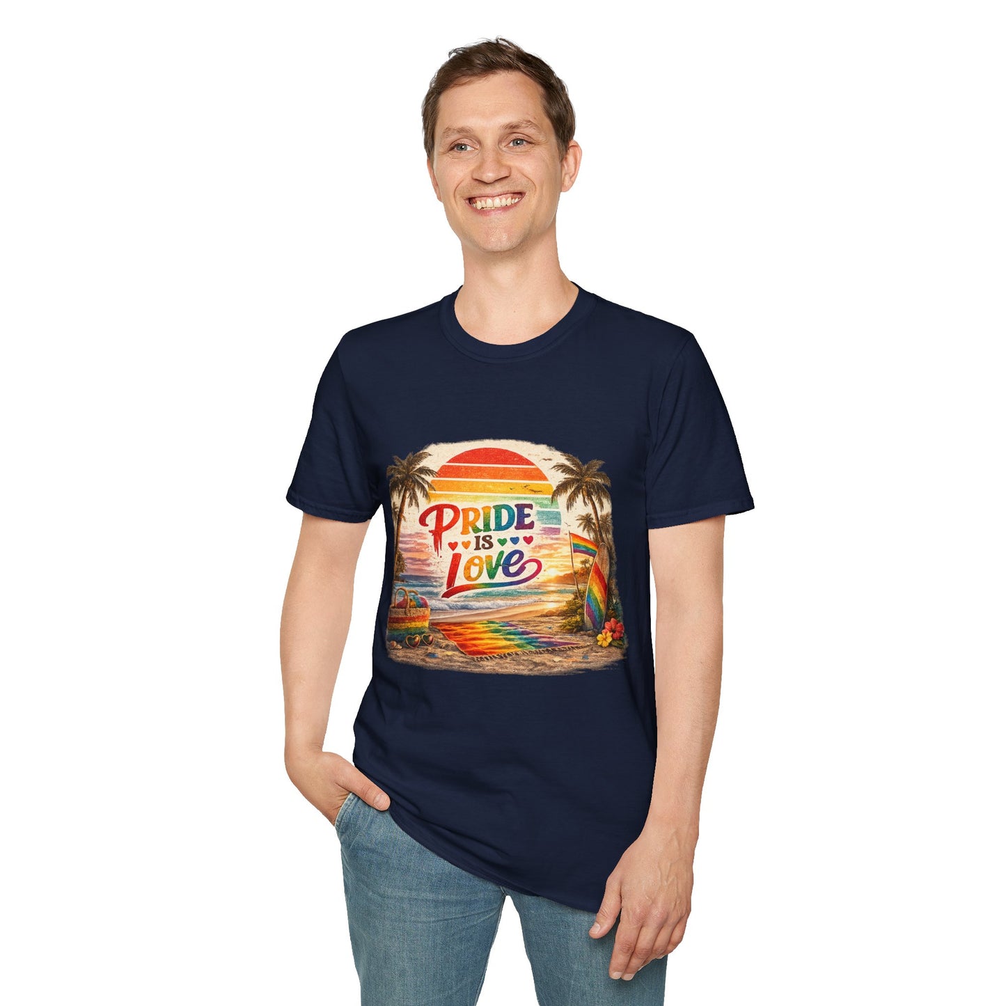🌈 Pride Is Love Beach Edition T-Shirt | LGBTQ+ Pride Month Retro Sunset Surf Shirt | Rainbow Beach Summer Tee