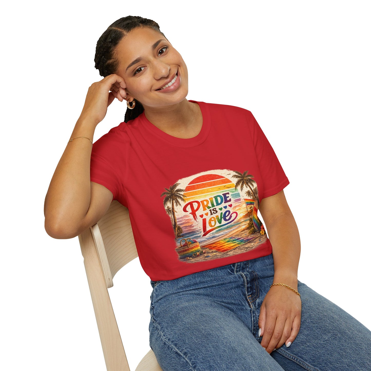 🌈 Pride Is Love Beach Edition T-Shirt | LGBTQ+ Pride Month Retro Sunset Surf Shirt | Rainbow Beach Summer Tee