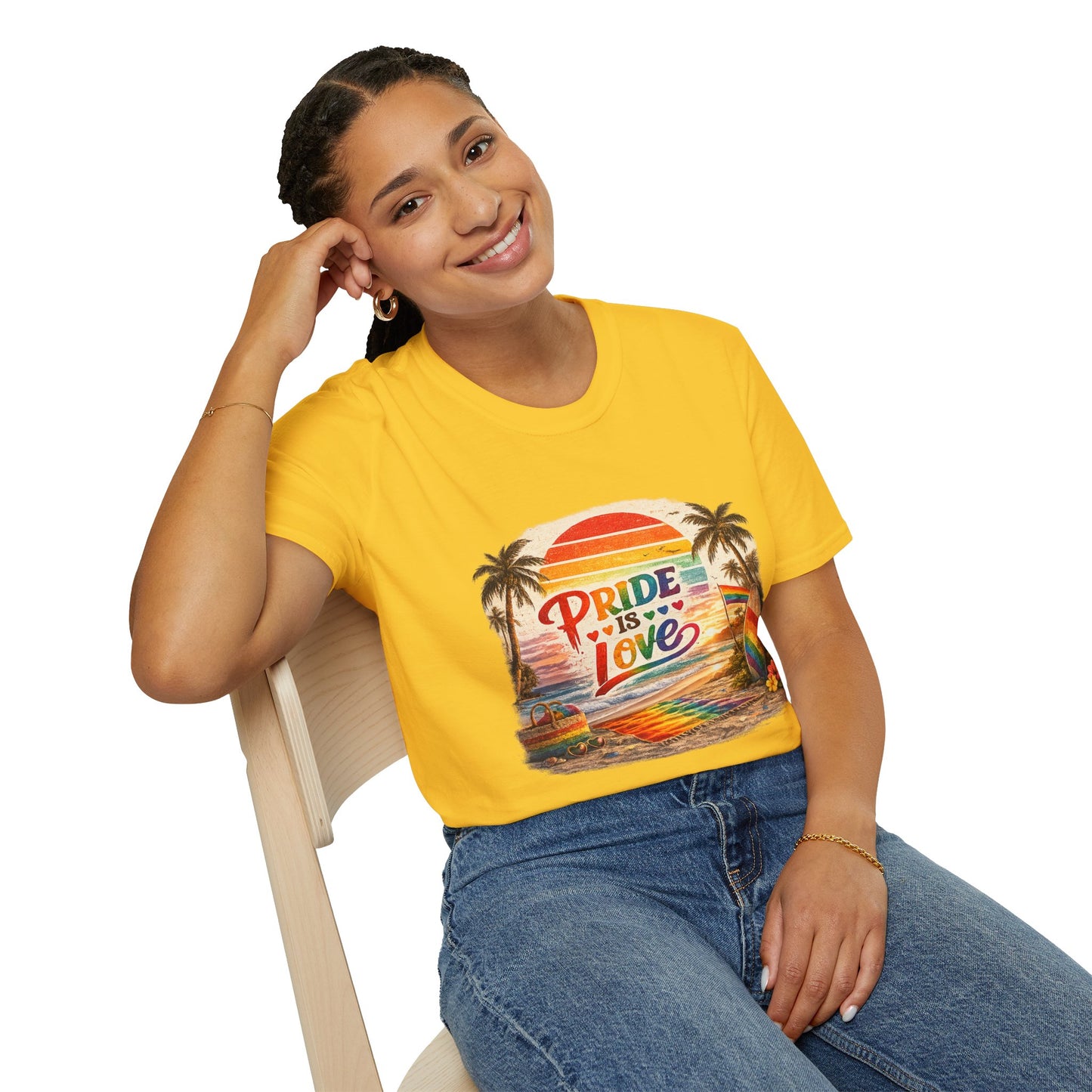 🌈 Pride Is Love Beach Edition T-Shirt | LGBTQ+ Pride Month Retro Sunset Surf Shirt | Rainbow Beach Summer Tee