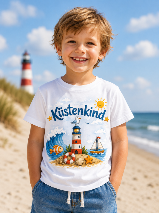 Küstenkind Kinder T-Shirt – Niedliches Strandshirt mit Leuchtturm & Meeresmotiven | Perfekt für kleine Nordsee- und Ostsee-Fans