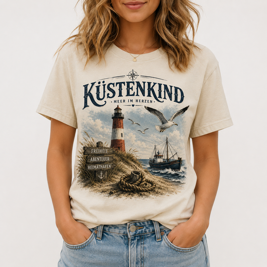 Küstenkind – Meer im Herzen | Maritimes Vintage T-Shirt mit Leuchtturm & Heimathafen Motiv