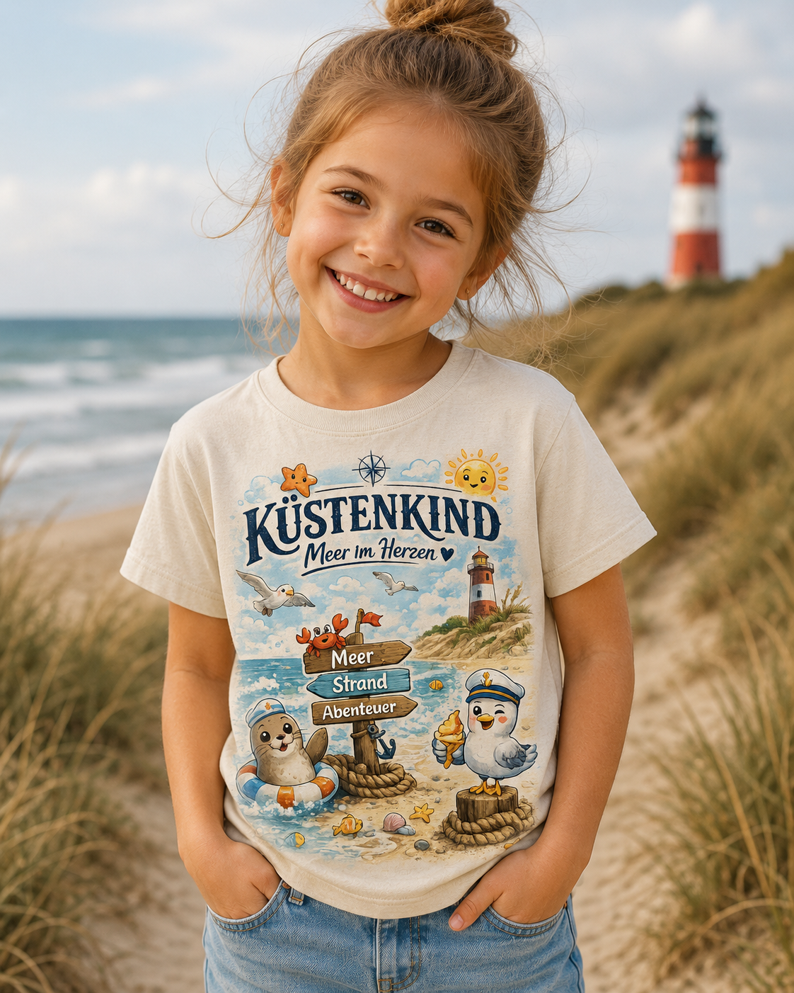 Küstenkind Kinder T-Shirt – Meer im Herzen | Maritimes Strand Design mit Leuchtturm & niedlichen Küstenfreunden