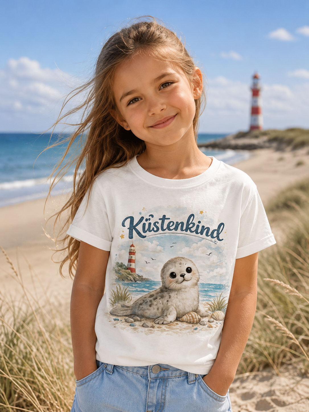 Küstenkind Robbe Kinder T-Shirt – Süße Seehund Illustration mit Leuchtturm | Nordsee Strand Shirt für Kinder