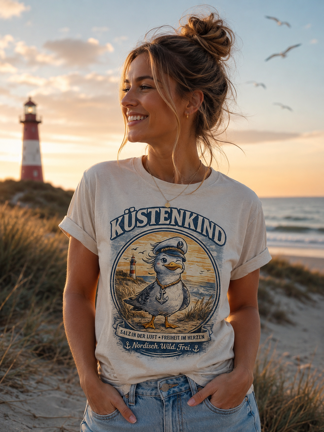Küstenkind Möwe Shirt – Nordisch Wild Frei – Maritimes Küstenmotiv mit Leuchtturm & Möwe – Nordsee Ostsee T-Shirt