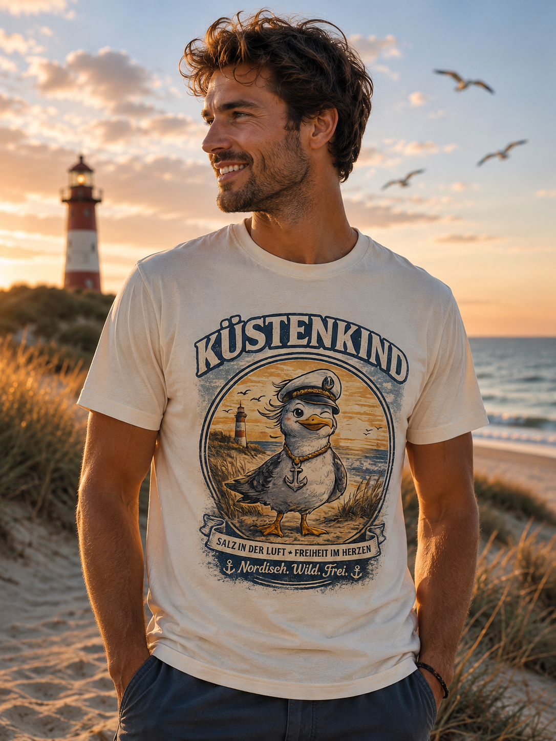 Küstenkind Möwe Shirt – Nordisch Wild Frei – Maritimes Küstenmotiv mit Leuchtturm & Möwe – Nordsee Ostsee T-Shirt
