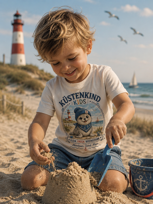 Küstenkind Kids Robbe Shirt – Klein Frech Küstenstark – Süßes Kinder T-Shirt mit Robbe & Leuchtturm – Nordsee Ostsee Kinder Shirt