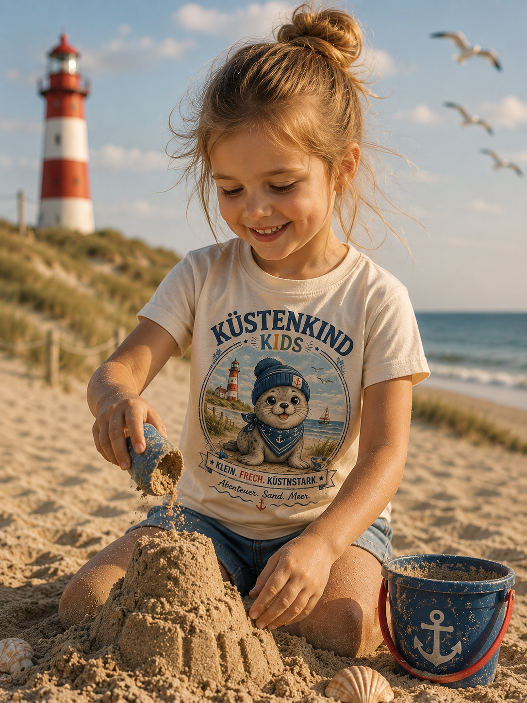 Küstenkind Kids Robbe Shirt – Klein Frech Küstenstark – Süßes Kinder T-Shirt mit Robbe & Leuchtturm – Nordsee Ostsee Kinder Shirt