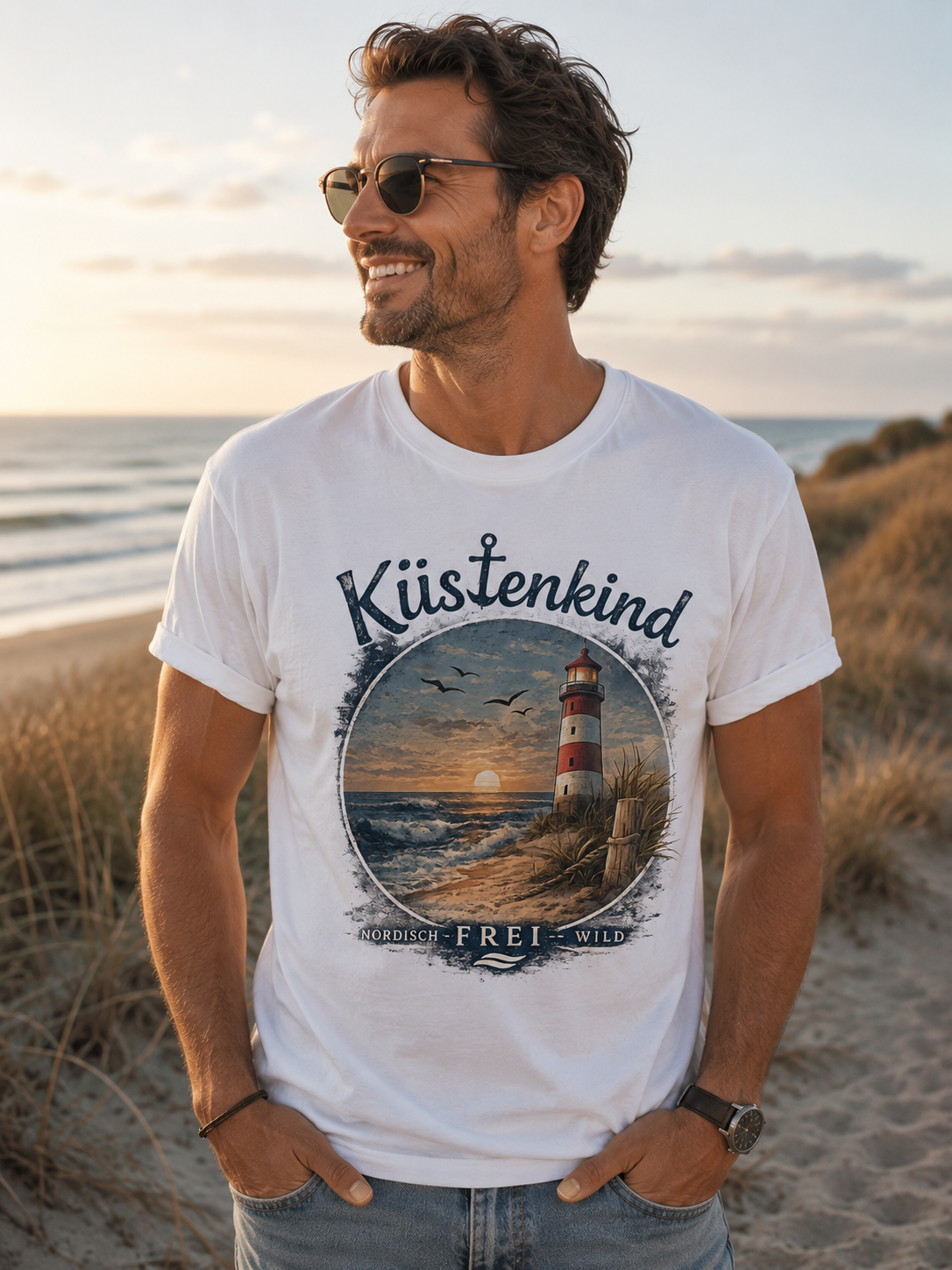 Küstenkind Shirt – Nordisch. Frei. Wild. – Vintage Leuchtturm T-Shirt für Nordsee & Ostsee Fans