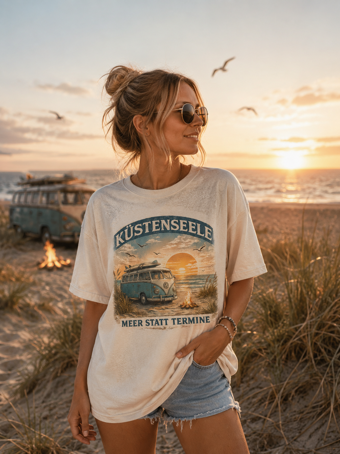 Küstenseele – Meer statt Termine | Vintage Camper Van Strand T-Shirt | Maritimes Unisex Shirt für Nordsee- & Ostsee-Fans