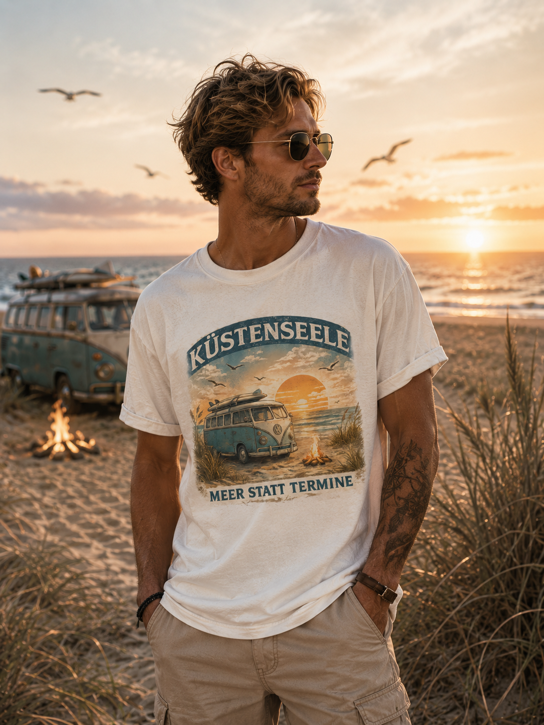 Küstenseele – Meer statt Termine | Vintage Camper Van Strand T-Shirt | Maritimes Unisex Shirt für Nordsee- & Ostsee-Fans