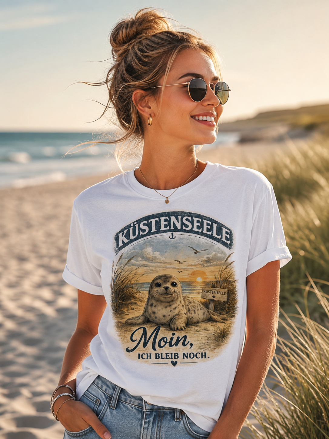 Küstenseele Moin, ich bleib noch – Robben T-Shirt | Maritimes Vintage Shirt | Nordsee & Ostsee Unisex T-Shirt für Meerliebhaber