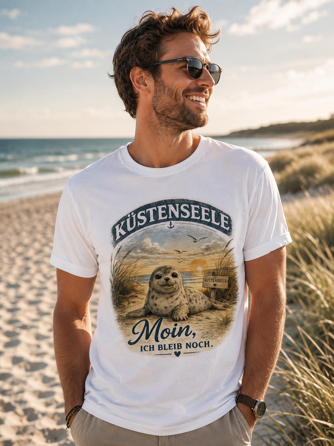 Küstenseele Moin, ich bleib noch – Robben T-Shirt | Maritimes Vintage Shirt | Nordsee & Ostsee Unisex T-Shirt für Meerliebhaber