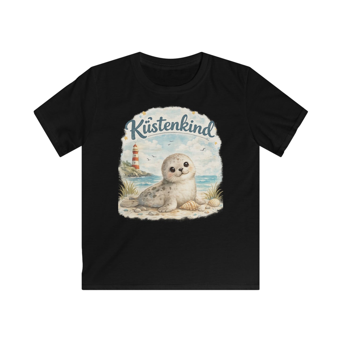 Küstenkind Robbe Kinder T-Shirt – Süße Seehund Illustration mit Leuchtturm | Nordsee Strand Shirt für Kinder