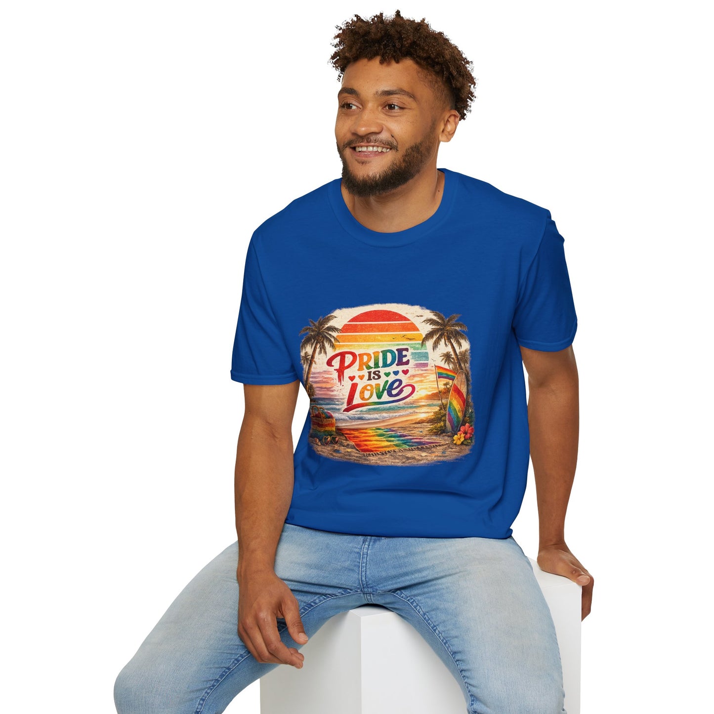 🌈 Pride Is Love Beach Edition T-Shirt | LGBTQ+ Pride Month Retro Sunset Surf Shirt | Rainbow Beach Summer Tee