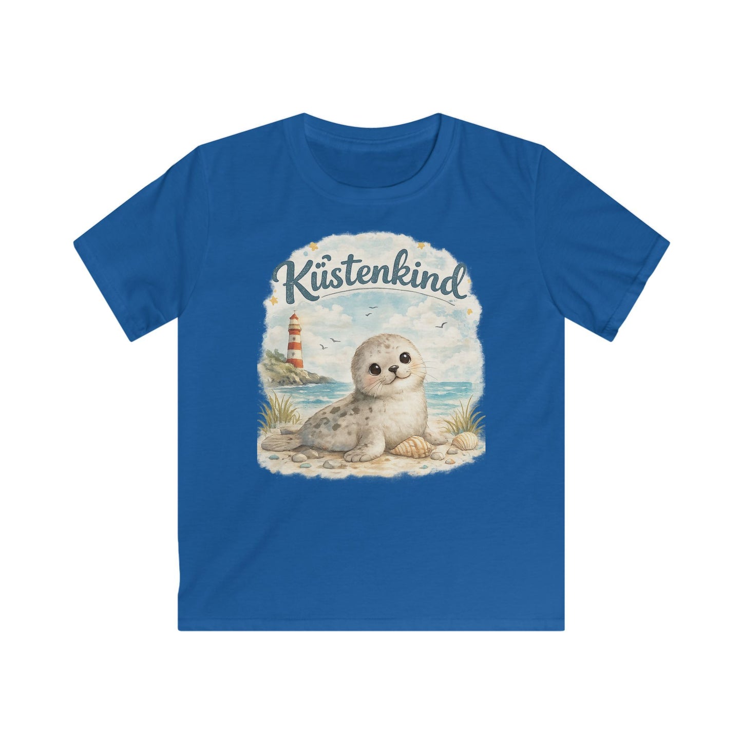 Küstenkind Robbe Kinder T-Shirt – Süße Seehund Illustration mit Leuchtturm | Nordsee Strand Shirt für Kinder