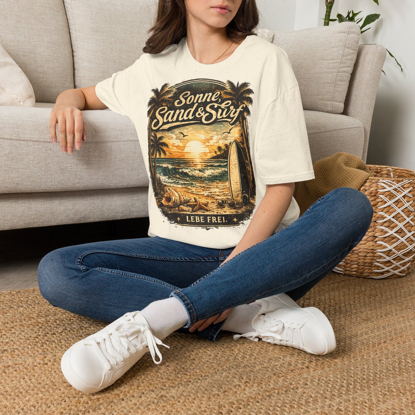 🌴 Sonne, Sand & Surf T-Shirt – Lebe Frei | Vintage Beach Lifestyle Design