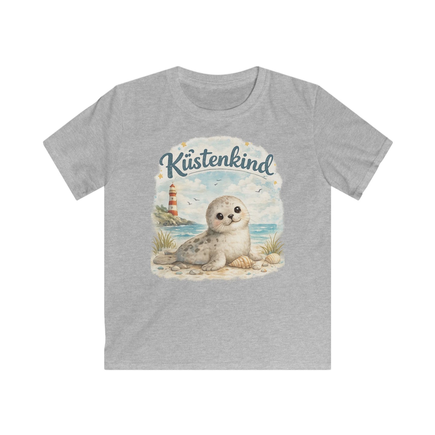 Küstenkind Robbe Kinder T-Shirt – Süße Seehund Illustration mit Leuchtturm | Nordsee Strand Shirt für Kinder
