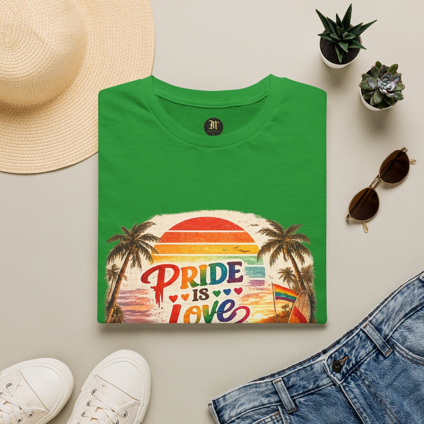 🌈 Pride Is Love Beach Edition T-Shirt | LGBTQ+ Pride Month Retro Sunset Surf Shirt | Rainbow Beach Summer Tee