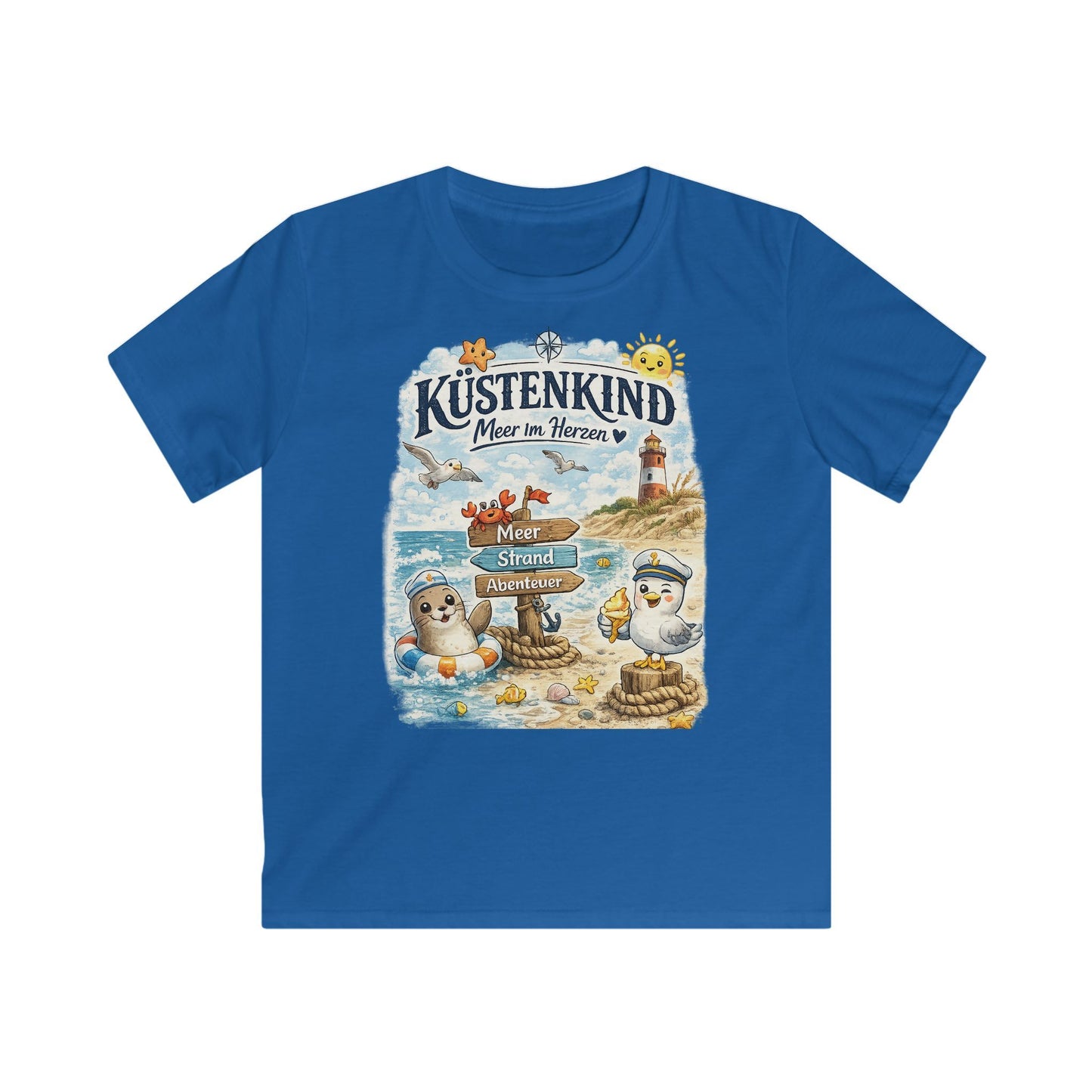 Küstenkind Kinder T-Shirt – Meer im Herzen | Maritimes Strand Design mit Leuchtturm & niedlichen Küstenfreunden
