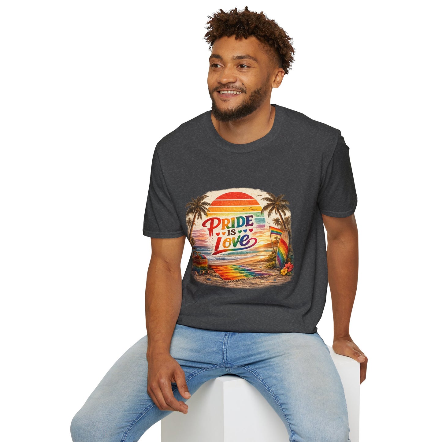 🌈 Pride Is Love Beach Edition T-Shirt | LGBTQ+ Pride Month Retro Sunset Surf Shirt | Rainbow Beach Summer Tee