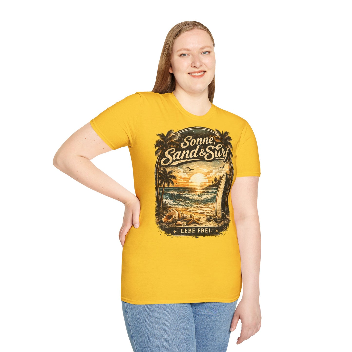 🌴 Sonne, Sand & Surf T-Shirt – Lebe Frei | Vintage Beach Lifestyle Design