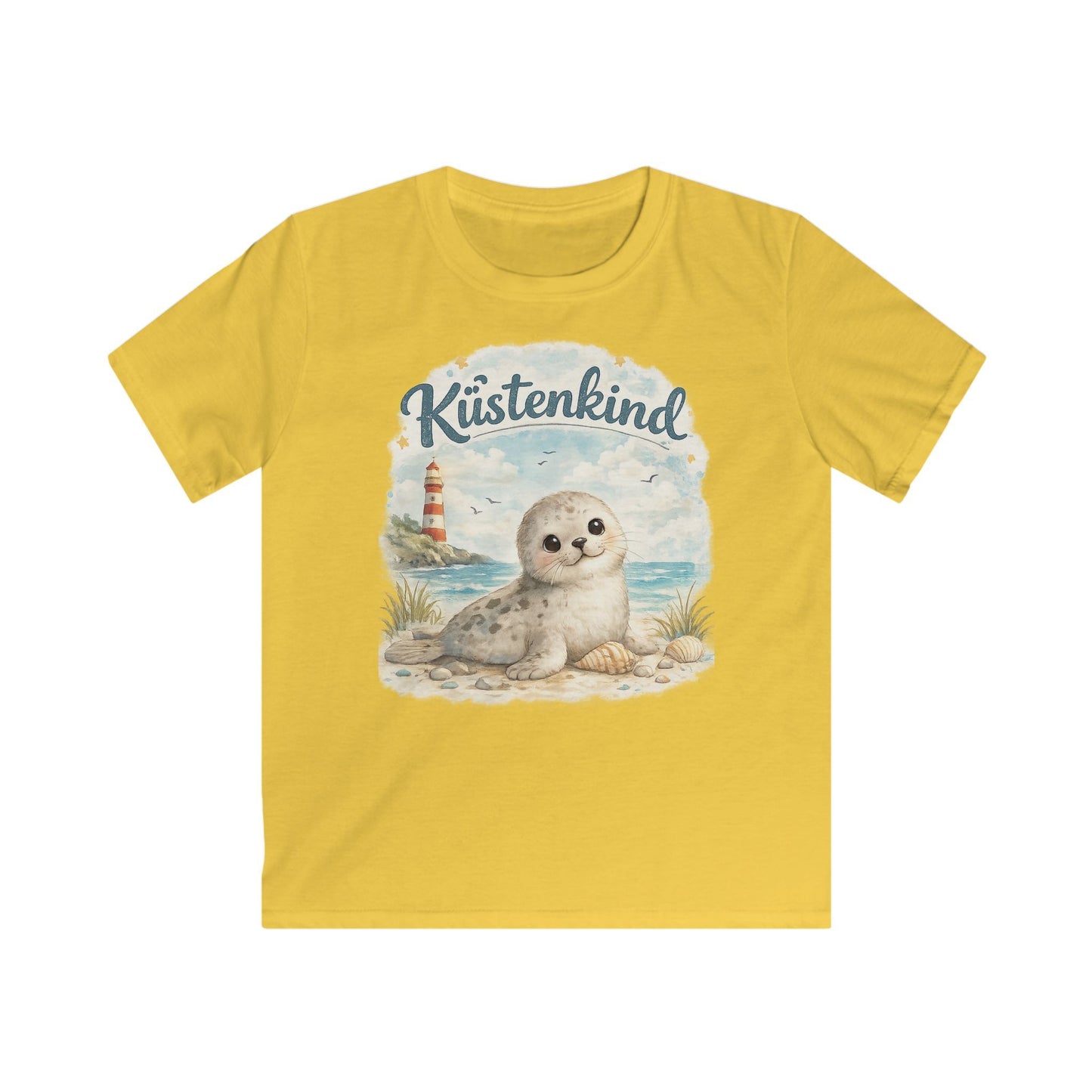 Küstenkind Robbe Kinder T-Shirt – Süße Seehund Illustration mit Leuchtturm | Nordsee Strand Shirt für Kinder
