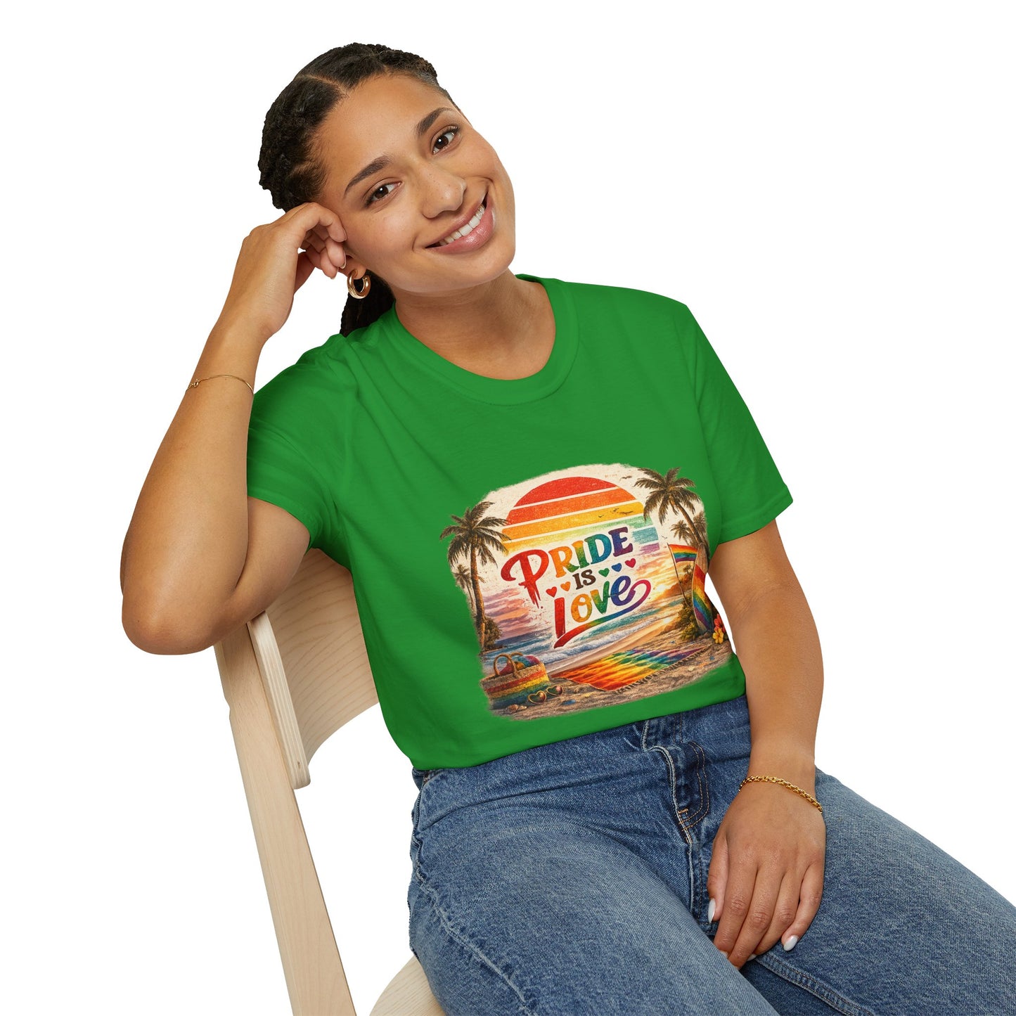 🌈 Pride Is Love Beach Edition T-Shirt | LGBTQ+ Pride Month Retro Sunset Surf Shirt | Rainbow Beach Summer Tee