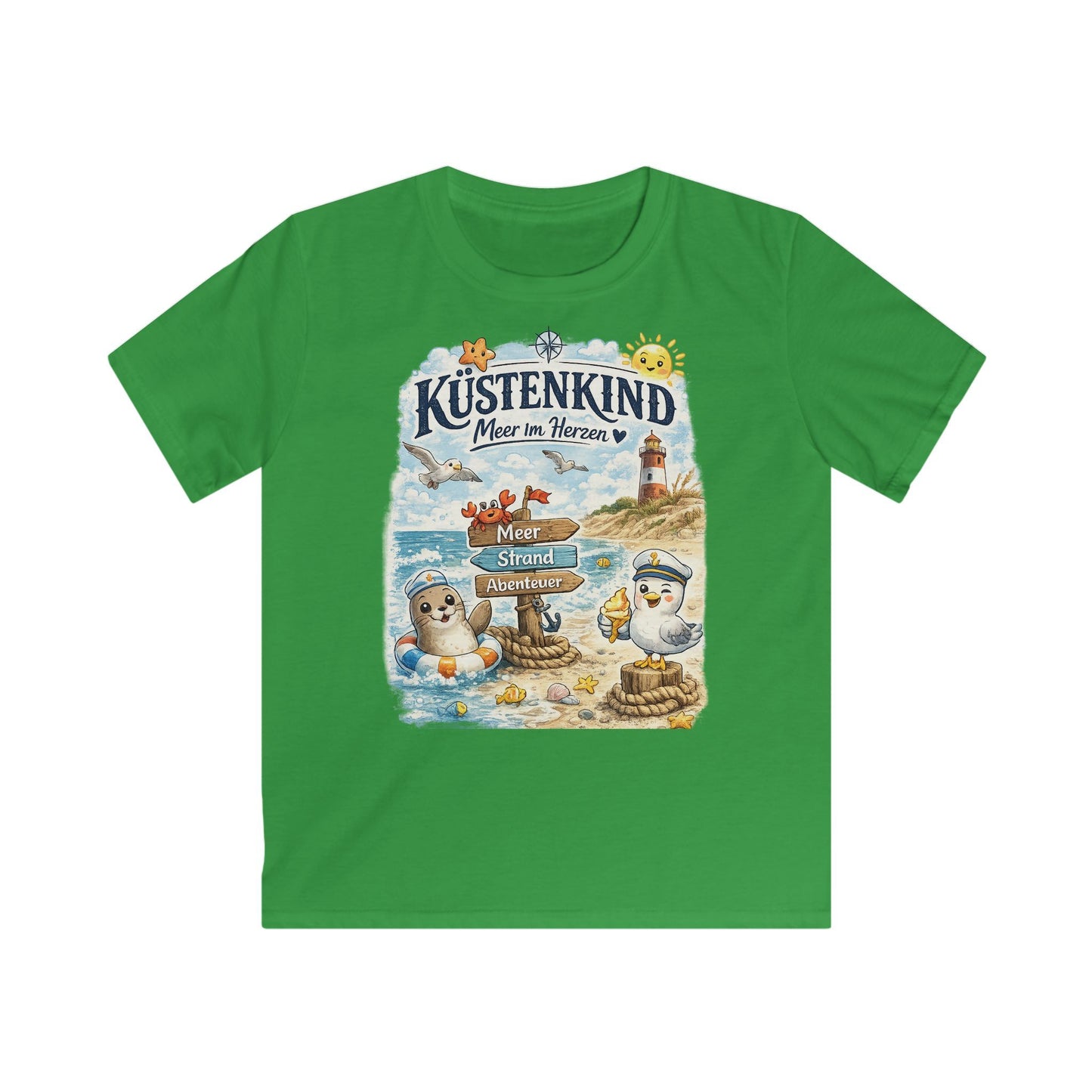 Küstenkind Kinder T-Shirt – Meer im Herzen | Maritimes Strand Design mit Leuchtturm & niedlichen Küstenfreunden