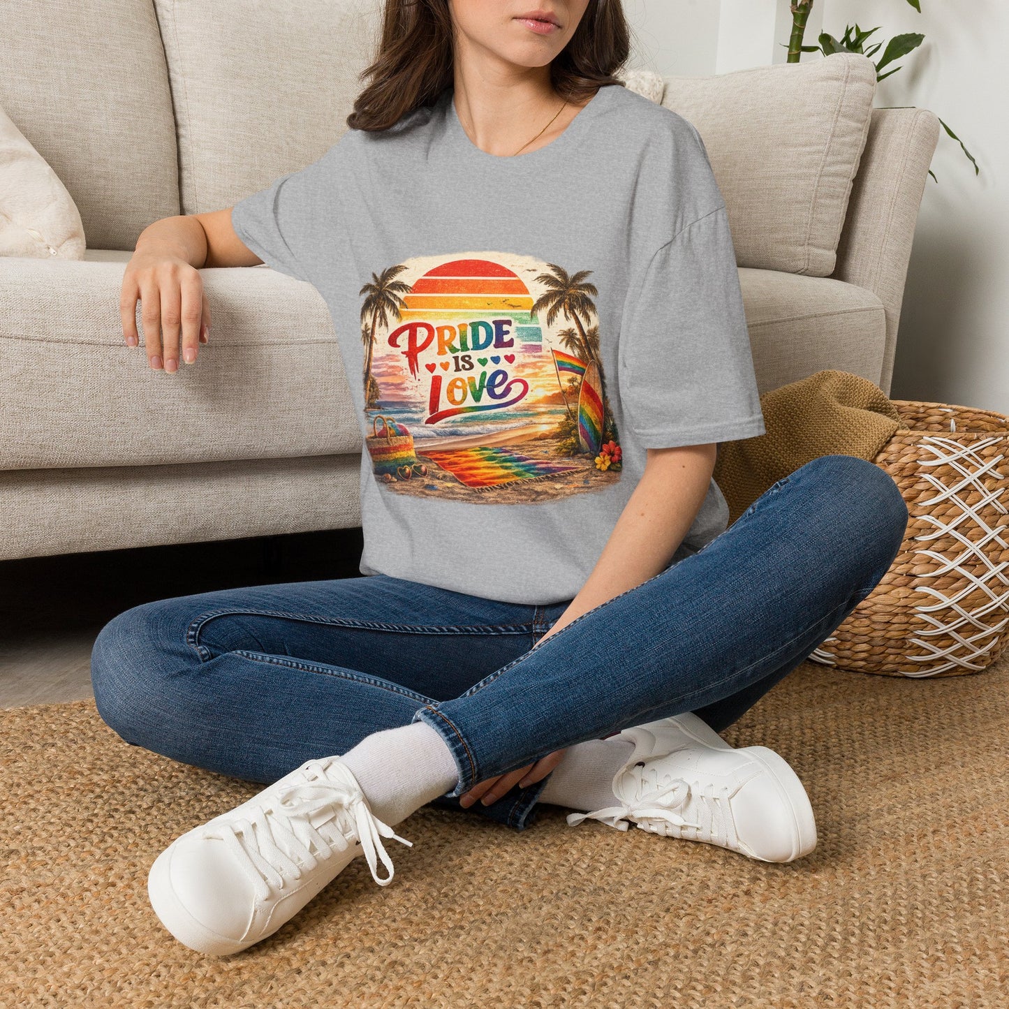 🌈 Pride Is Love Beach Edition T-Shirt | LGBTQ+ Pride Month Retro Sunset Surf Shirt | Rainbow Beach Summer Tee