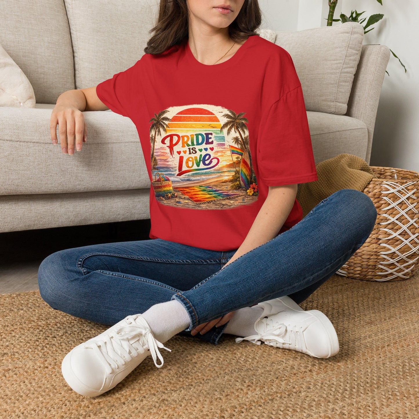🌈 Pride Is Love Beach Edition T-Shirt | LGBTQ+ Pride Month Retro Sunset Surf Shirt | Rainbow Beach Summer Tee